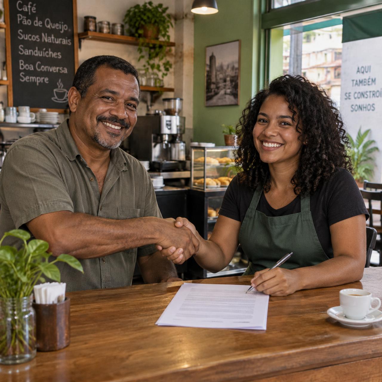 Dois donos de um café apertam as mãos ao assinar um contrato no balcão
